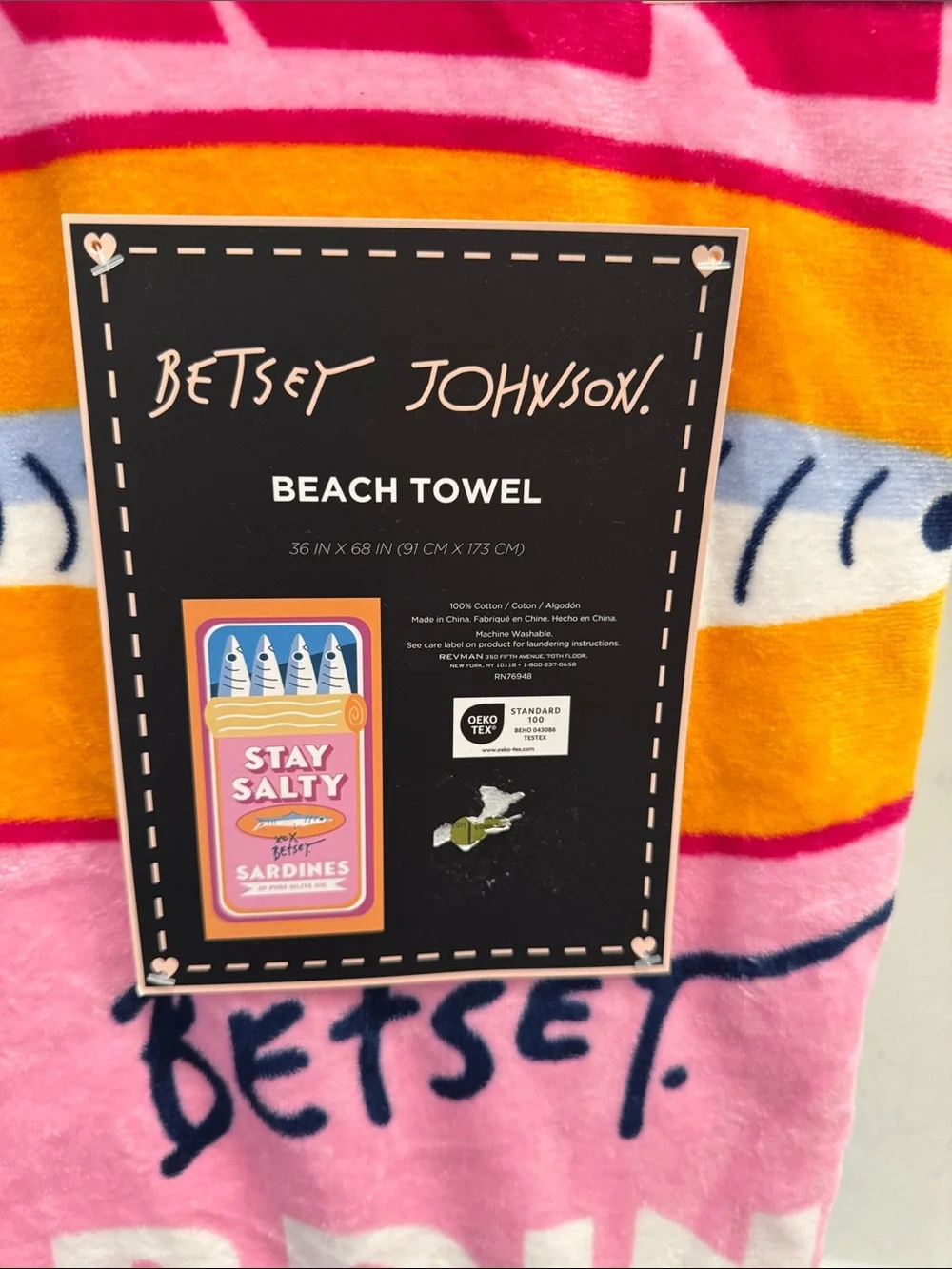 Betsey Johnson stay salty sardines beach towel 36” x 68” NWT